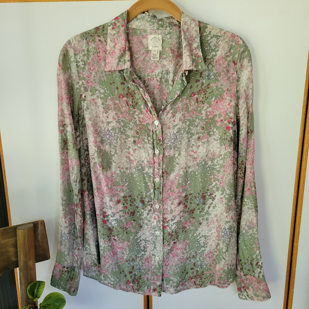 Jcrew Silk Perfect Button Shirt 8 Watercolor Floral Pattern